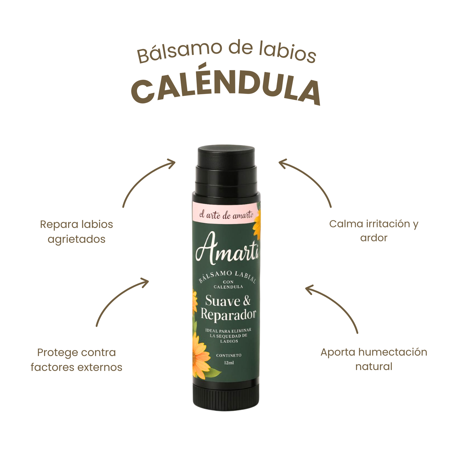 Bálsamo Labial Reparador de Caléndula AMARTI| Reparador, Suavizante, 100% Natural, Alivia Labios Agrietados y Resecos