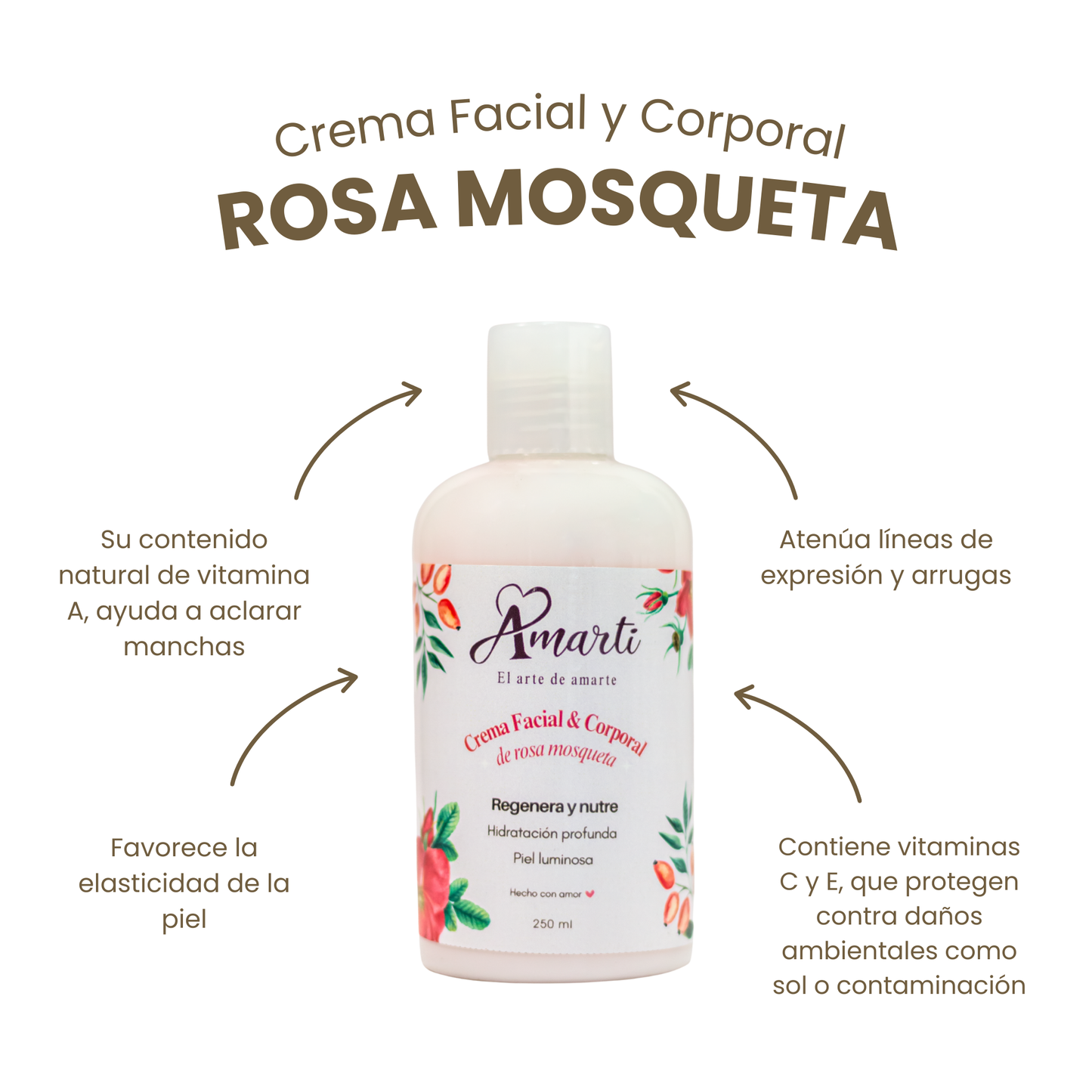 Crema Facial Antiedad Rosa Mosqueta 250 ml | Regeneradora, Anti-Manchas y Líneas de Expresión | AMARTI