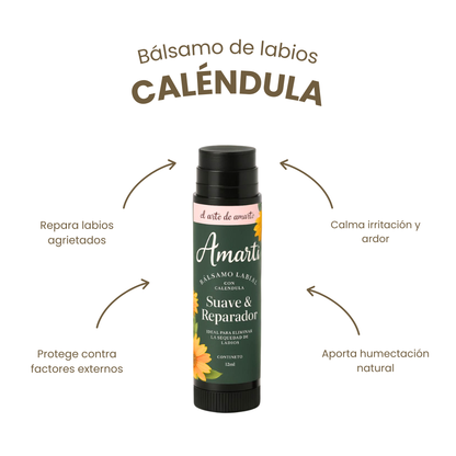 Bálsamo Labial Reparador de Caléndula AMARTI| Reparador, Suavizante, 100% Natural, Alivia Labios Agrietados y Resecos