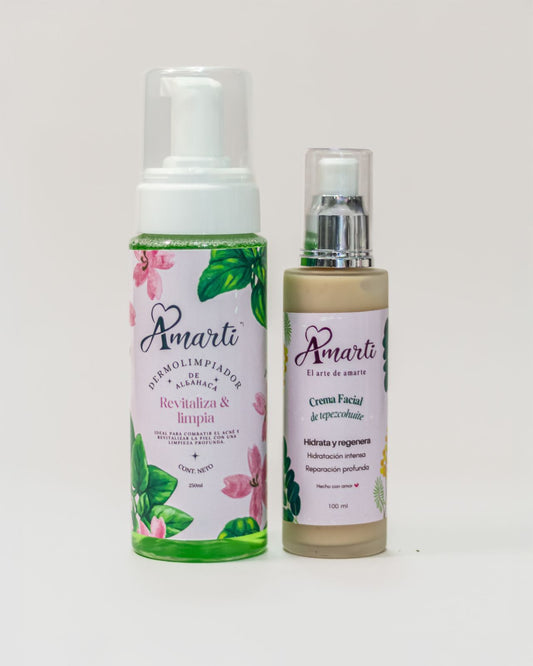 Amarti Kit Regenerador Facial 2 Piezas – Tepezcohuite + Albahaca | Hidratación y Limpieza Natural para Piel Sensible