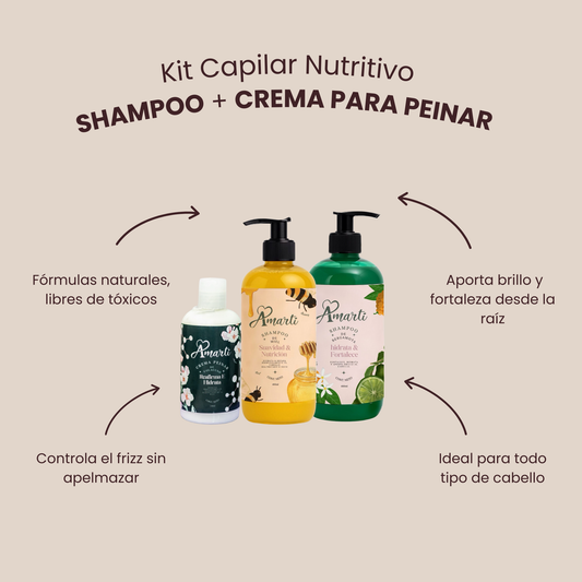 Amarti Kit Capilar Nutritivo – Shampoo de Miel o Bergamota 500ml + Crema para Peinar con Colágeno 250ml | Natural, Suave y Sin Tóxicos