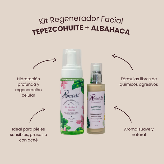 Amarti Kit Regenerador Facial 2 Piezas – Tepezcohuite + Albahaca | Desintoxica, Suaviza y Regenera para Piel Grasa y con Acné