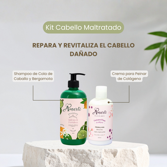 Amarti Kit Cabello Maltratado - Shampoo de Bergamota + Crema para Peinar de Colágeno | Repara y Revitaliza Cabello Dañado